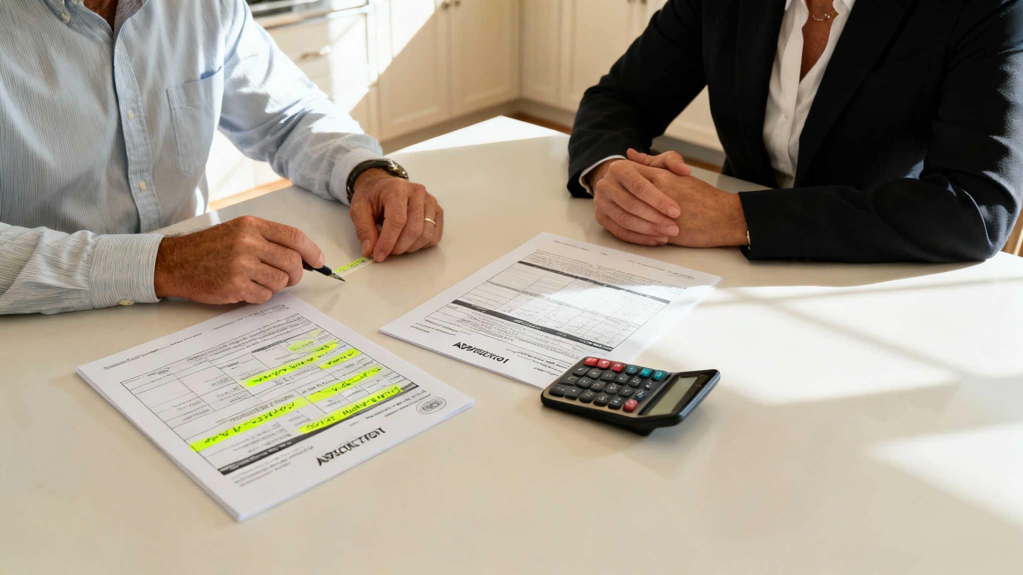 A person reviewing documents at a desk, looking thoughtful.