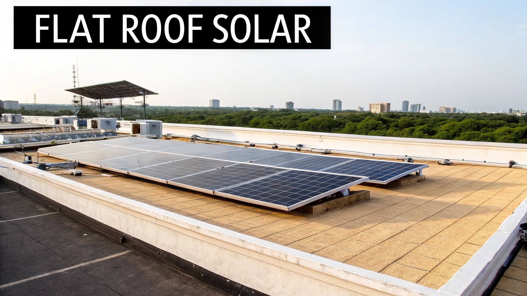 Solar panels installed on a large commercial flat roof in Central Florida.