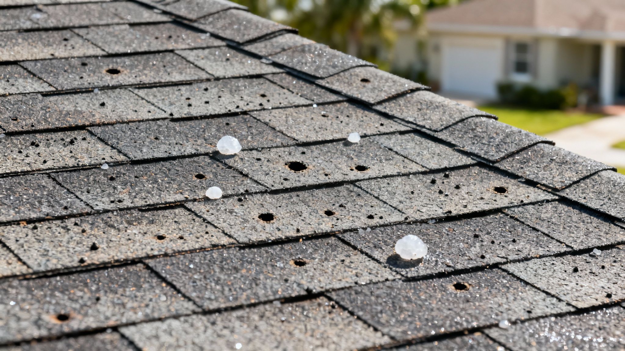 Hail stones and impact damage holes visible on gray asphalt roof shingles after storm