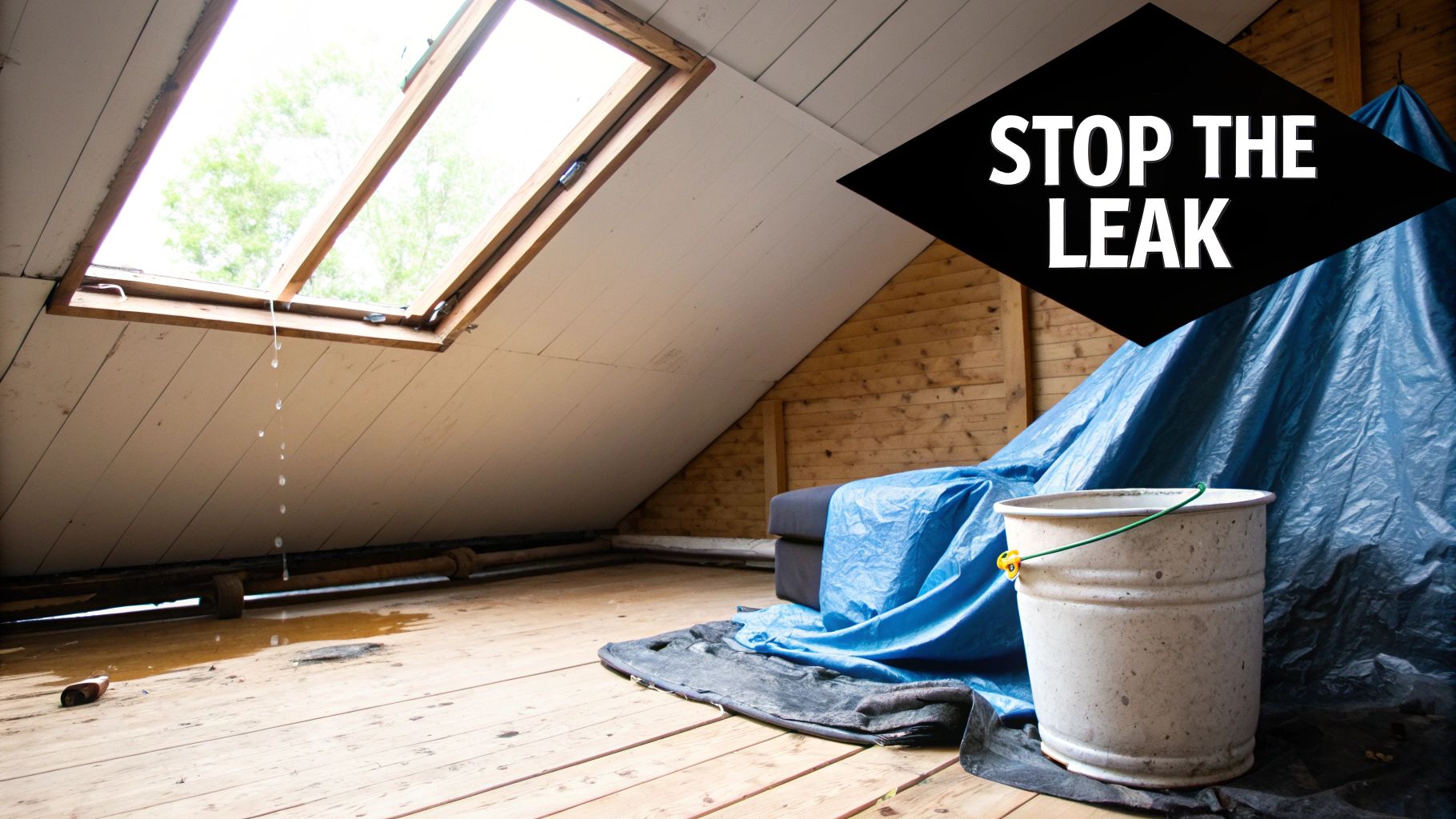 Leaking skylight window dripping water into attic with bucket and tarp catching drips