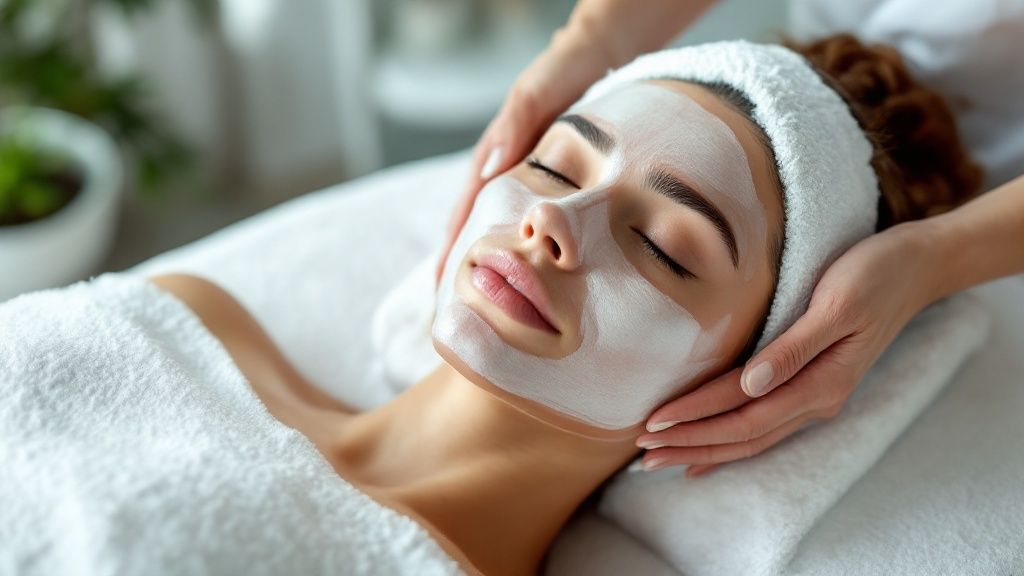 A young woman with clear skin smiling while receiving a facial treatment