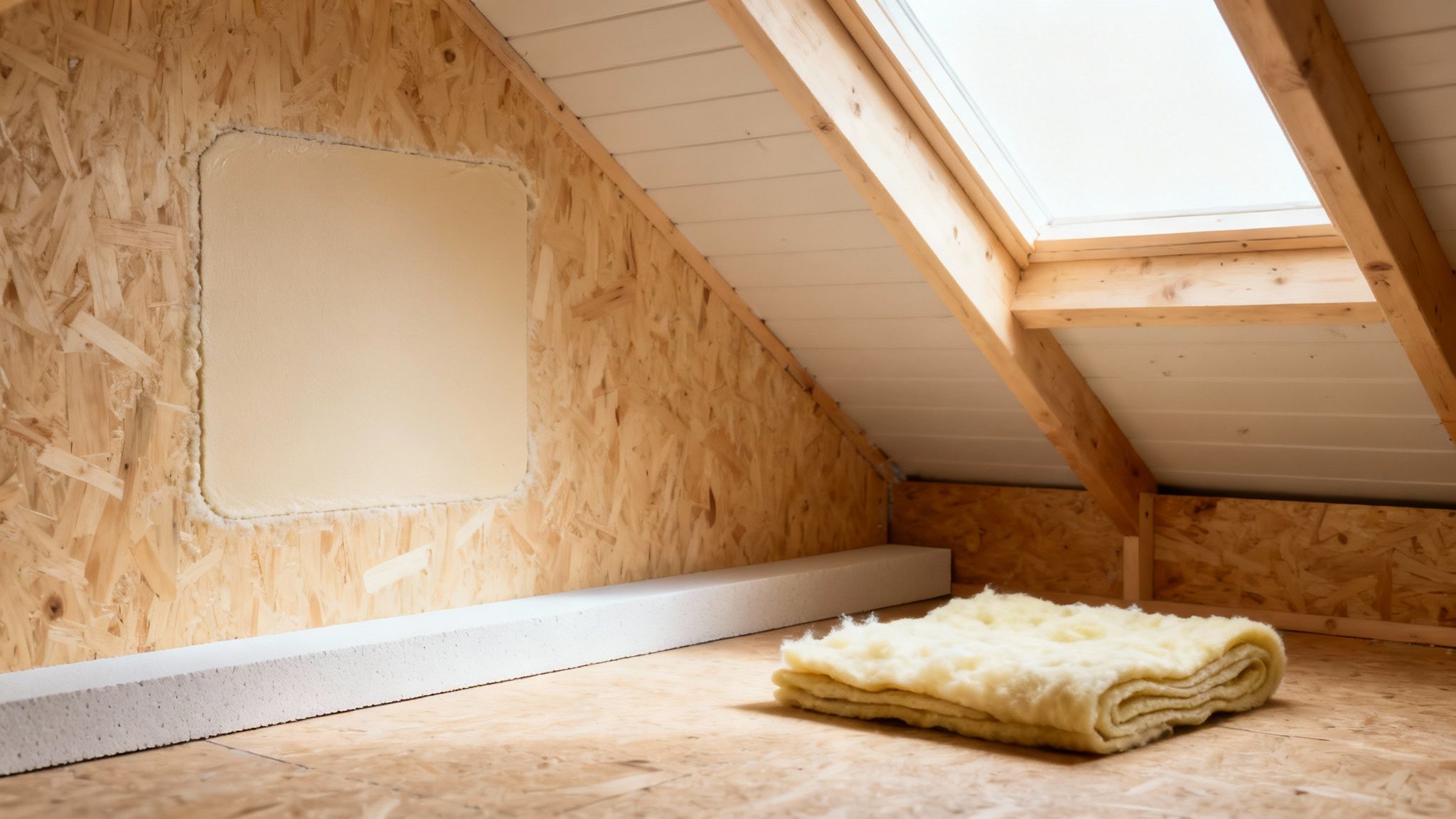 Attic space under renovation with OSB walls, a skylight, and various types of insulation materials.