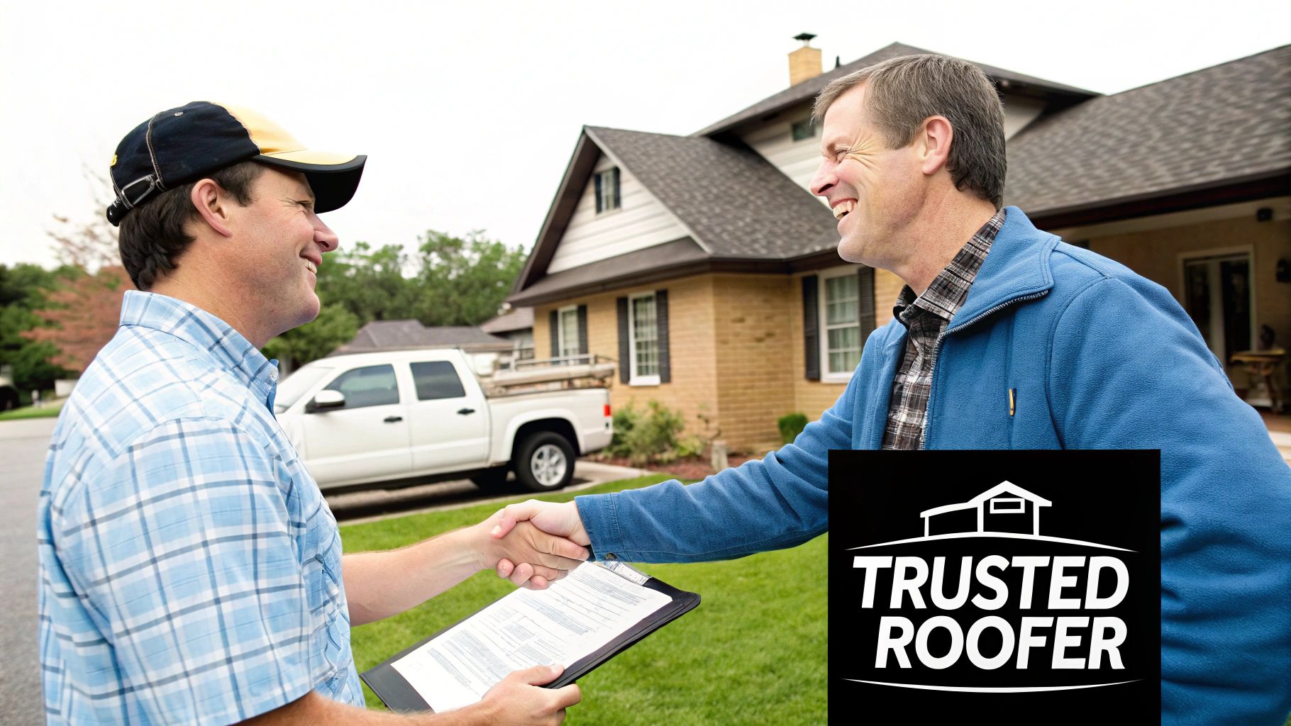 A professional roofer wearing a safety harness and inspecting a residential roof with a clipboard.