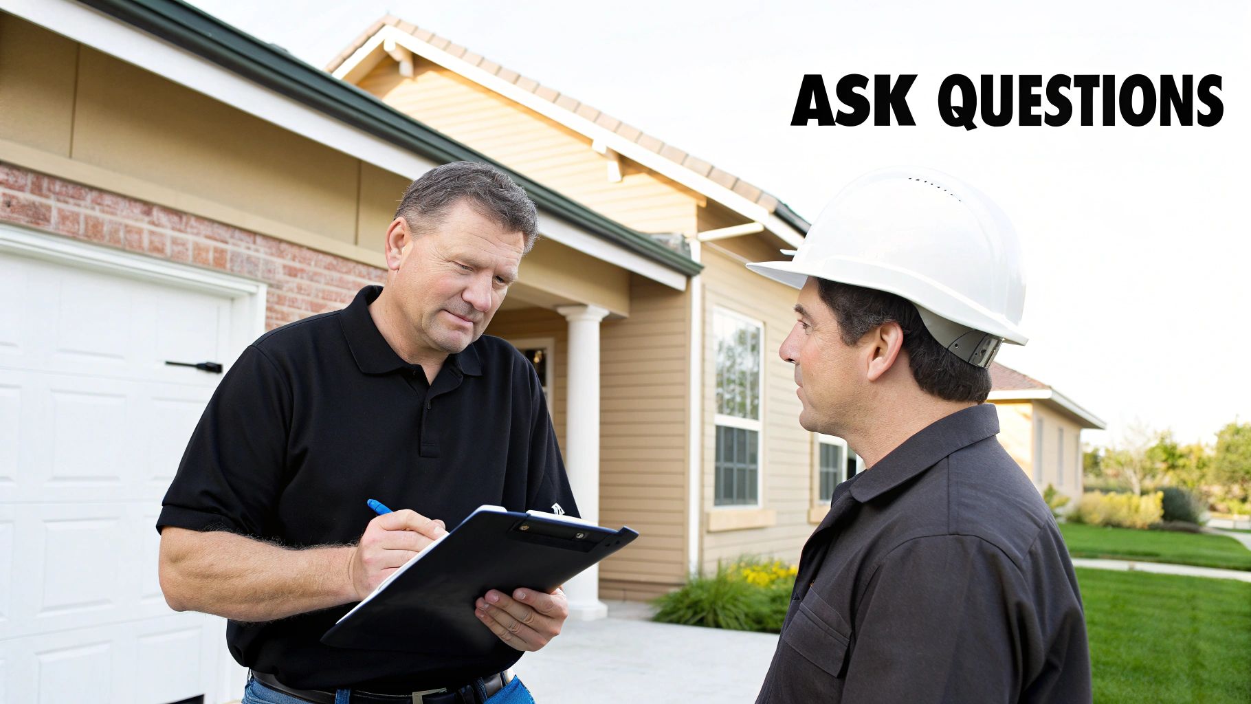 A roofing contractor and homeowner discussing a project plan on a tablet.
