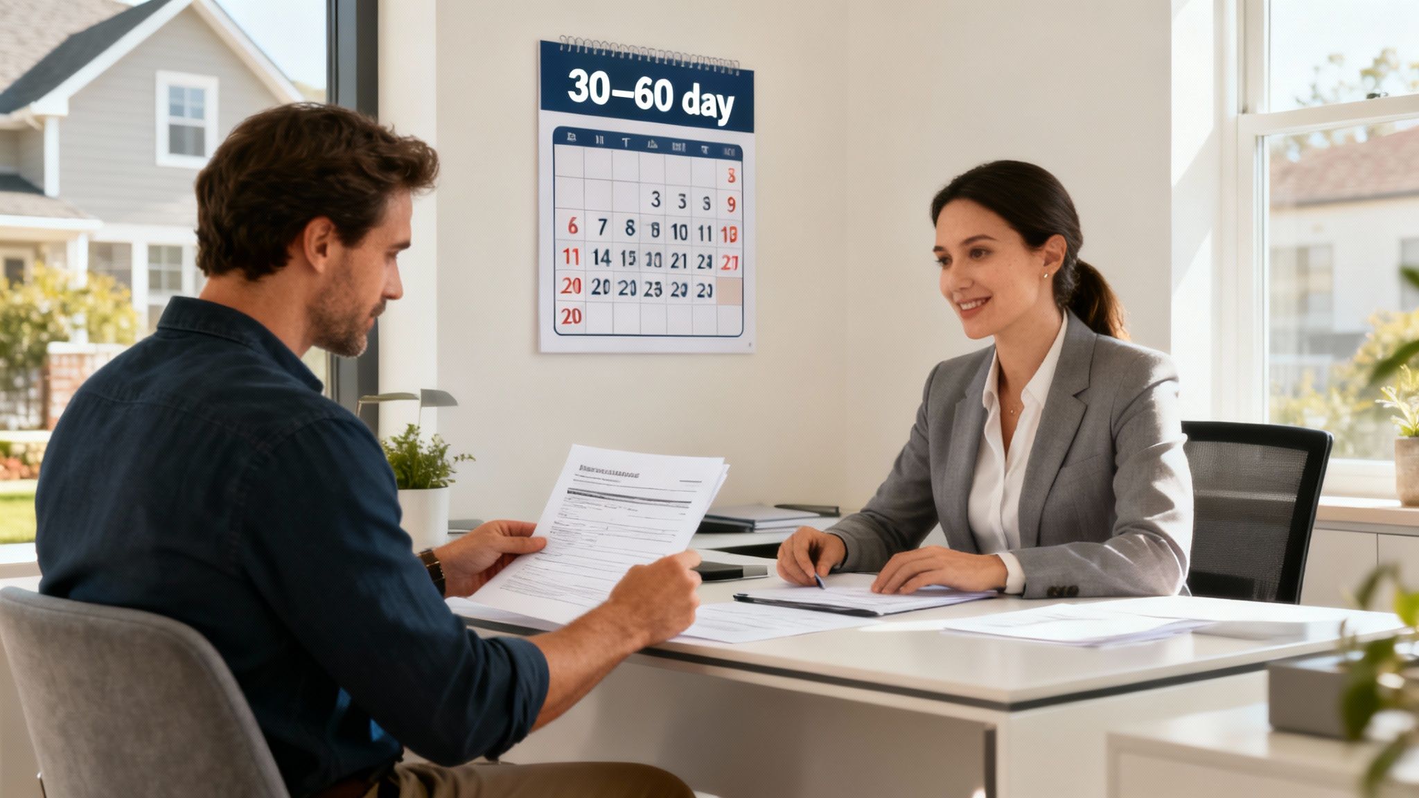 A calendar with a magnifying glass over it, showing a highlighted 30 to 60-day period.