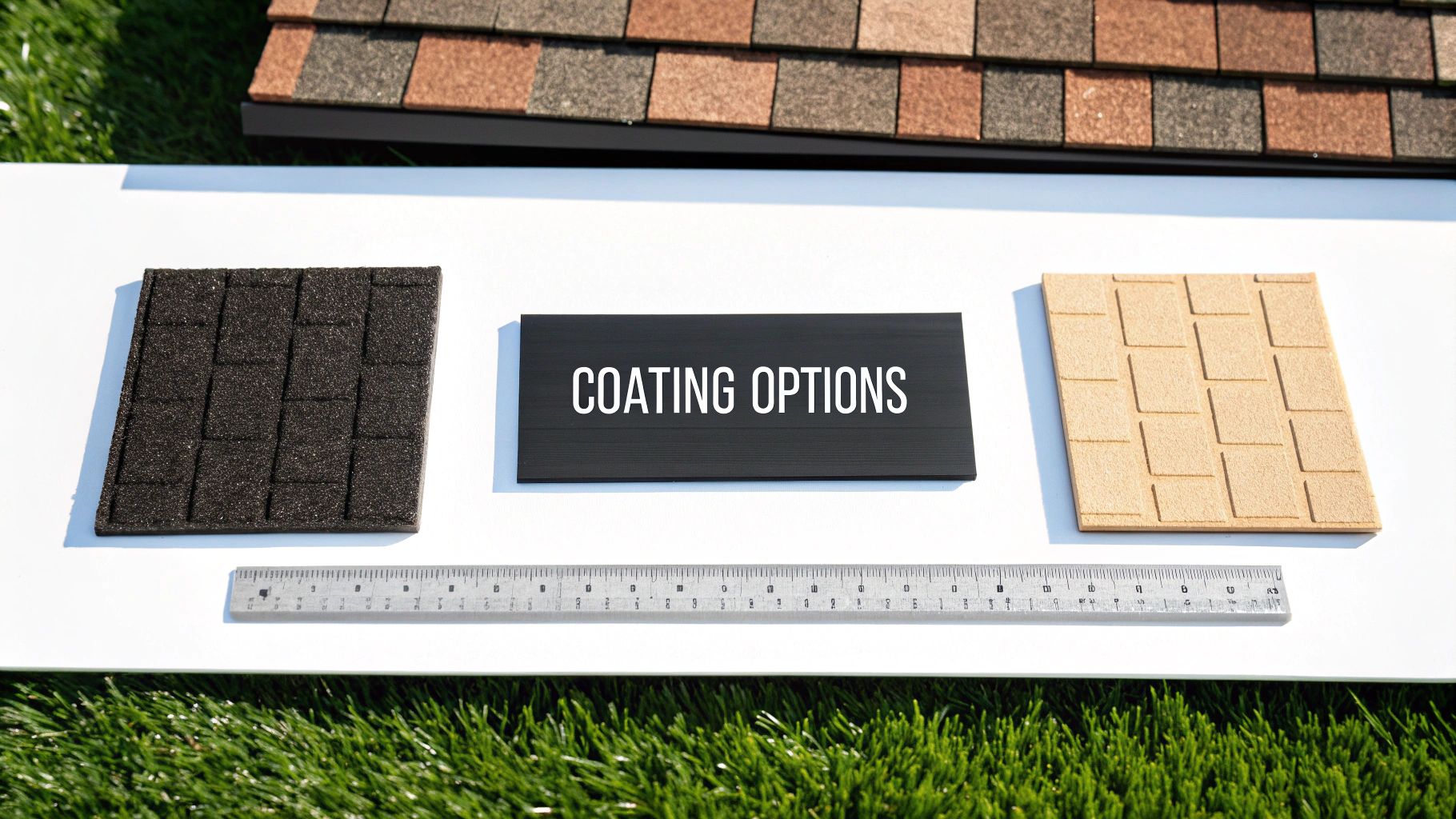 Buckets of different flat roof restoration coatings on a commercial roof.