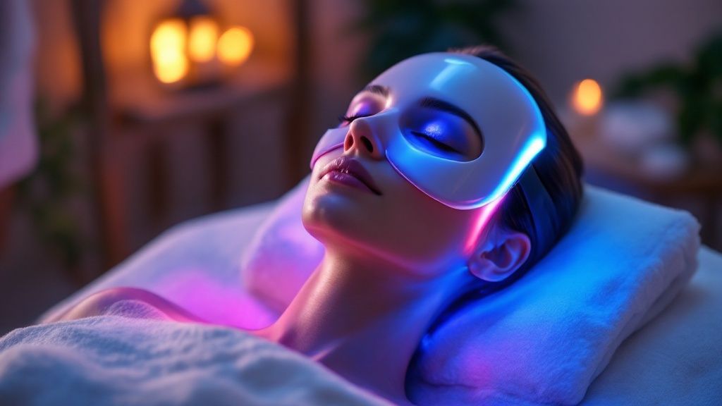A woman relaxing during an LED light therapy facial in a modern clinic.