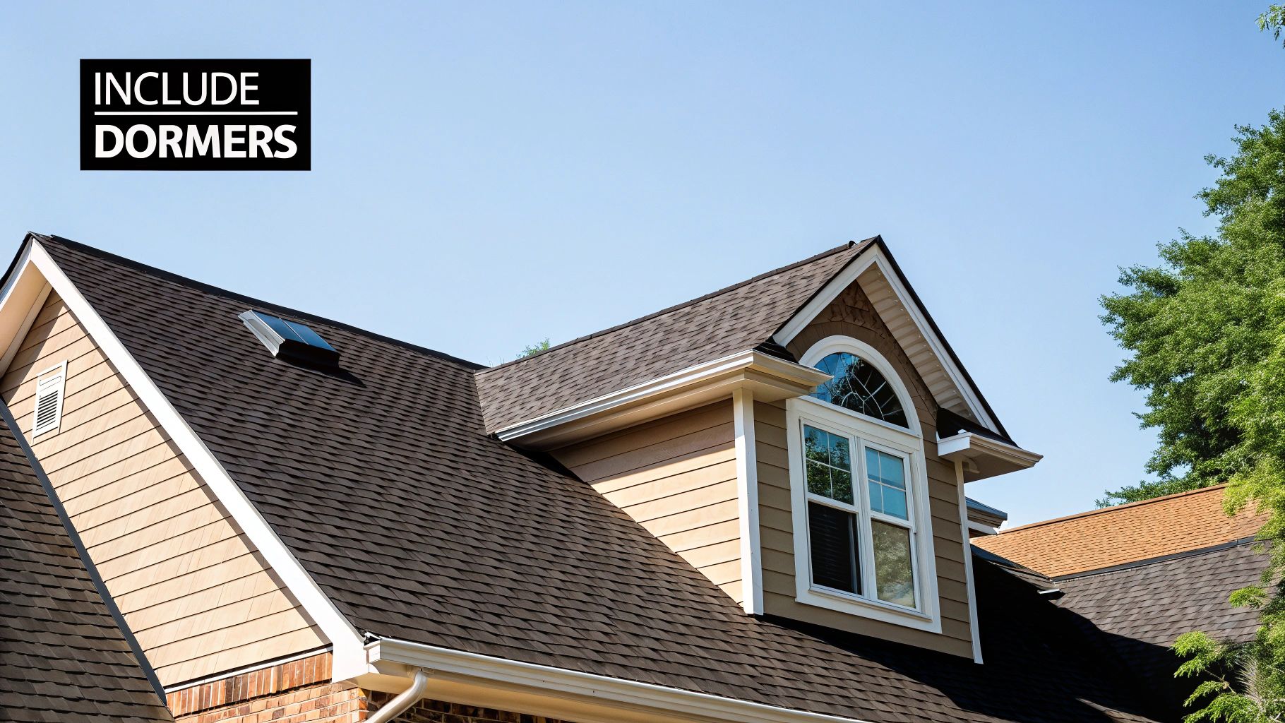 A complex roof with multiple dormers and valleys, illustrating architectural features that add to the total area.