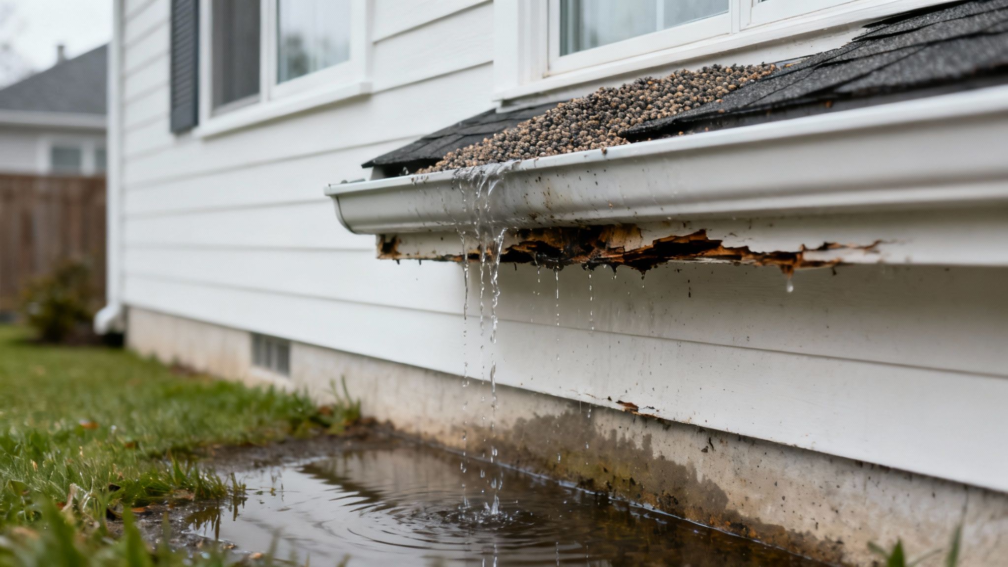 A gutter overflowing with leaves and roof granules during a heavy rainstorm.