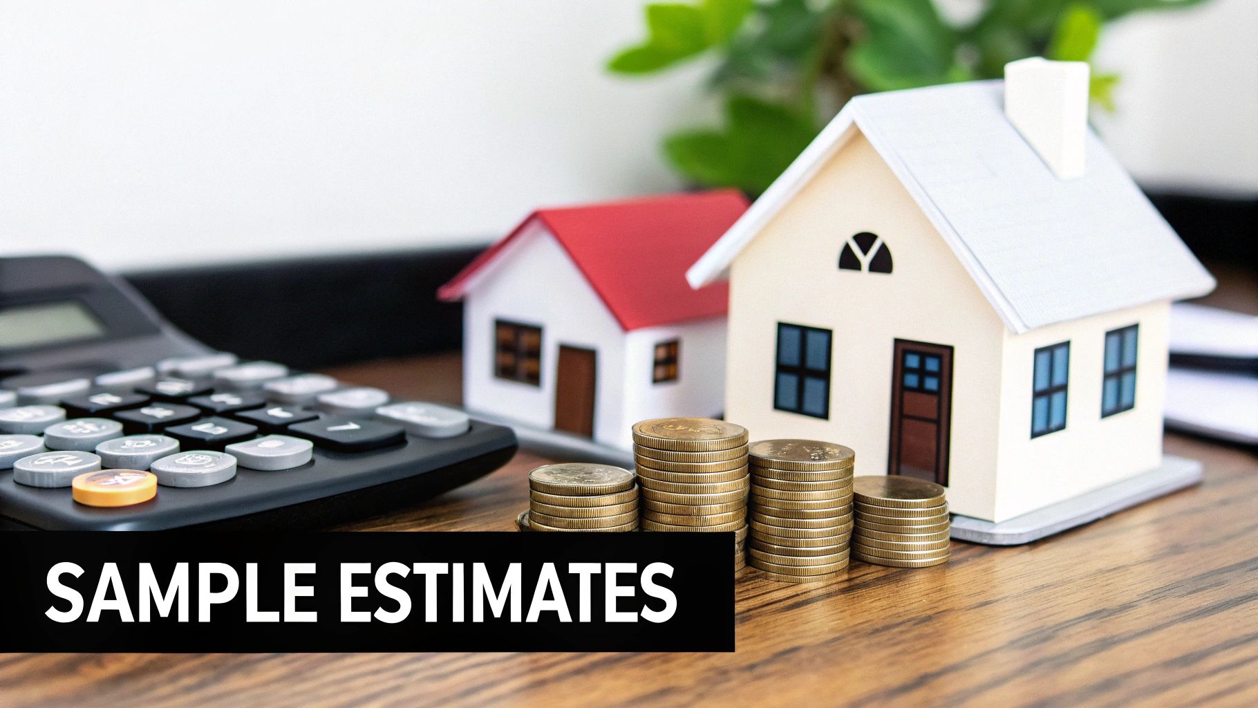 Model houses with calculator and stacked coins representing home renovation cost estimates