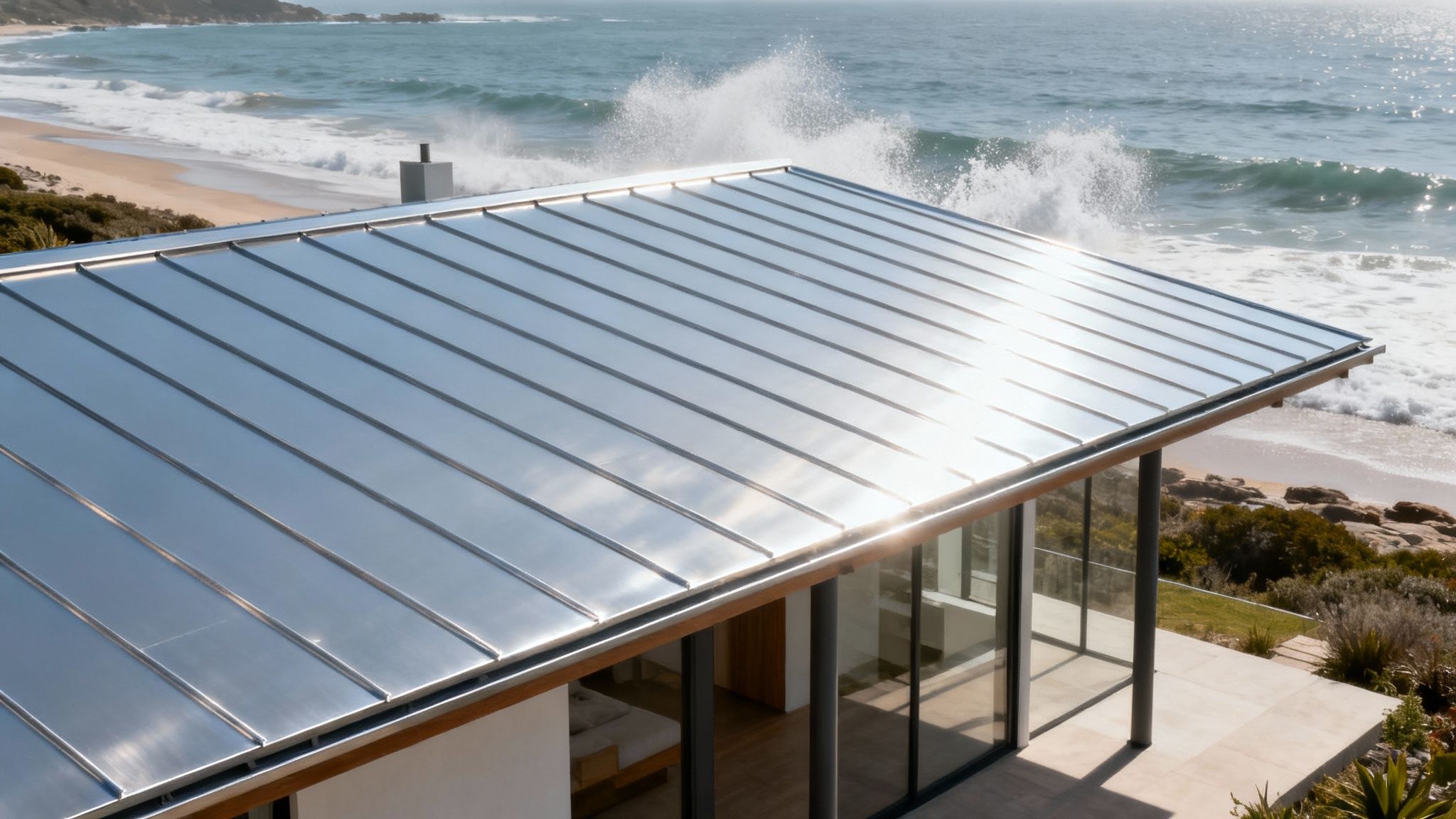 An image of a sleek aluminum roof on a modern coastal home.