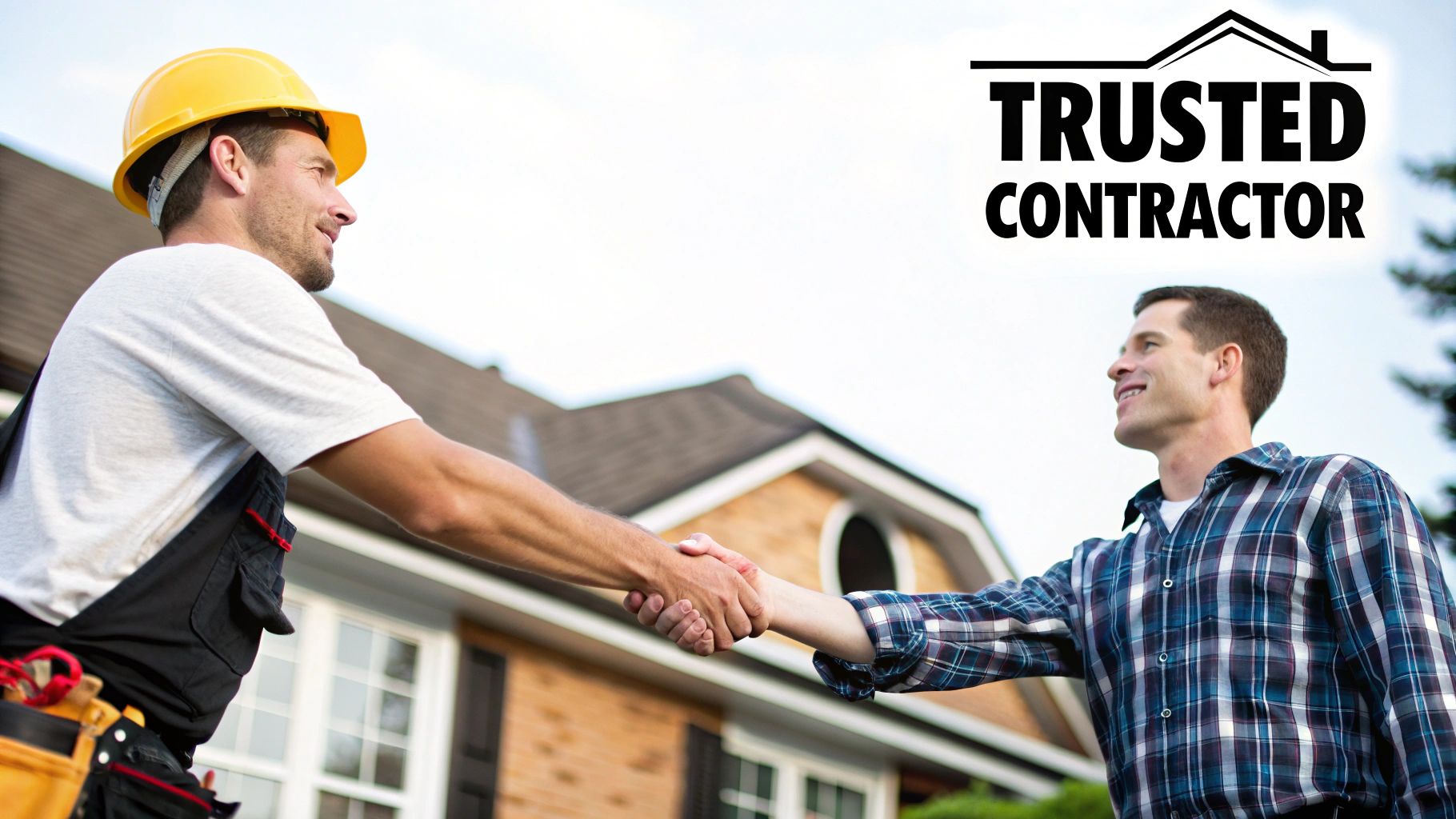 A professional roofer discussing a project with a homeowner, both smiling and looking at a clipboard.