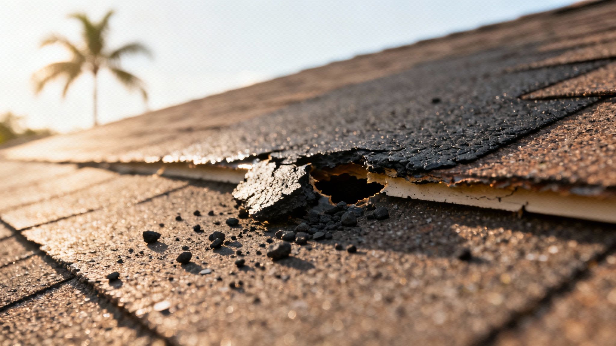 A close-up of a damaged, blistering roof.
