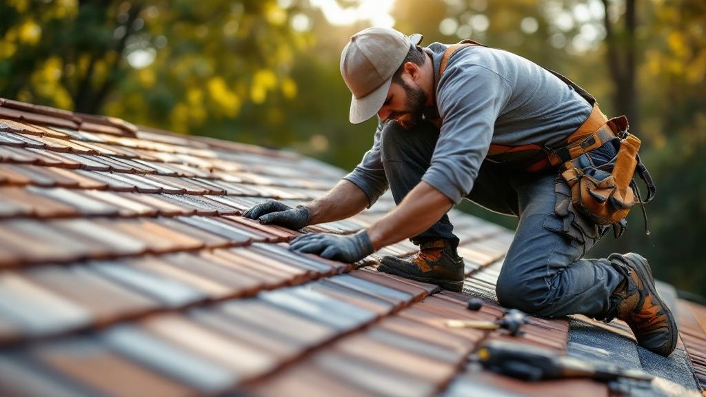A skilled roofer wearing safety gear inspects a modern roof with advanced materials.