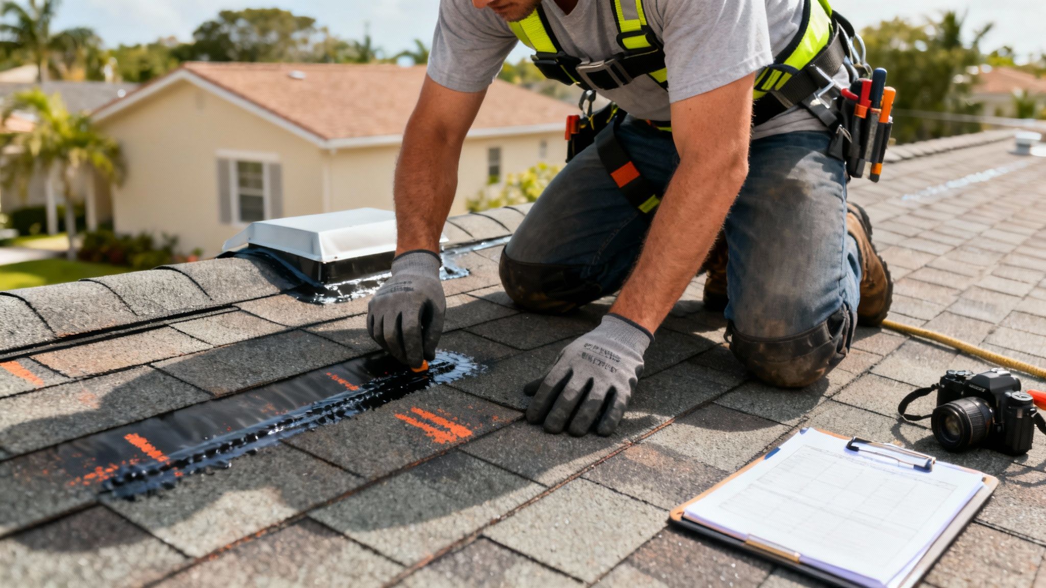 Roofing contractor inspecting and repairing asphalt shingles on residential roof with safety harness
