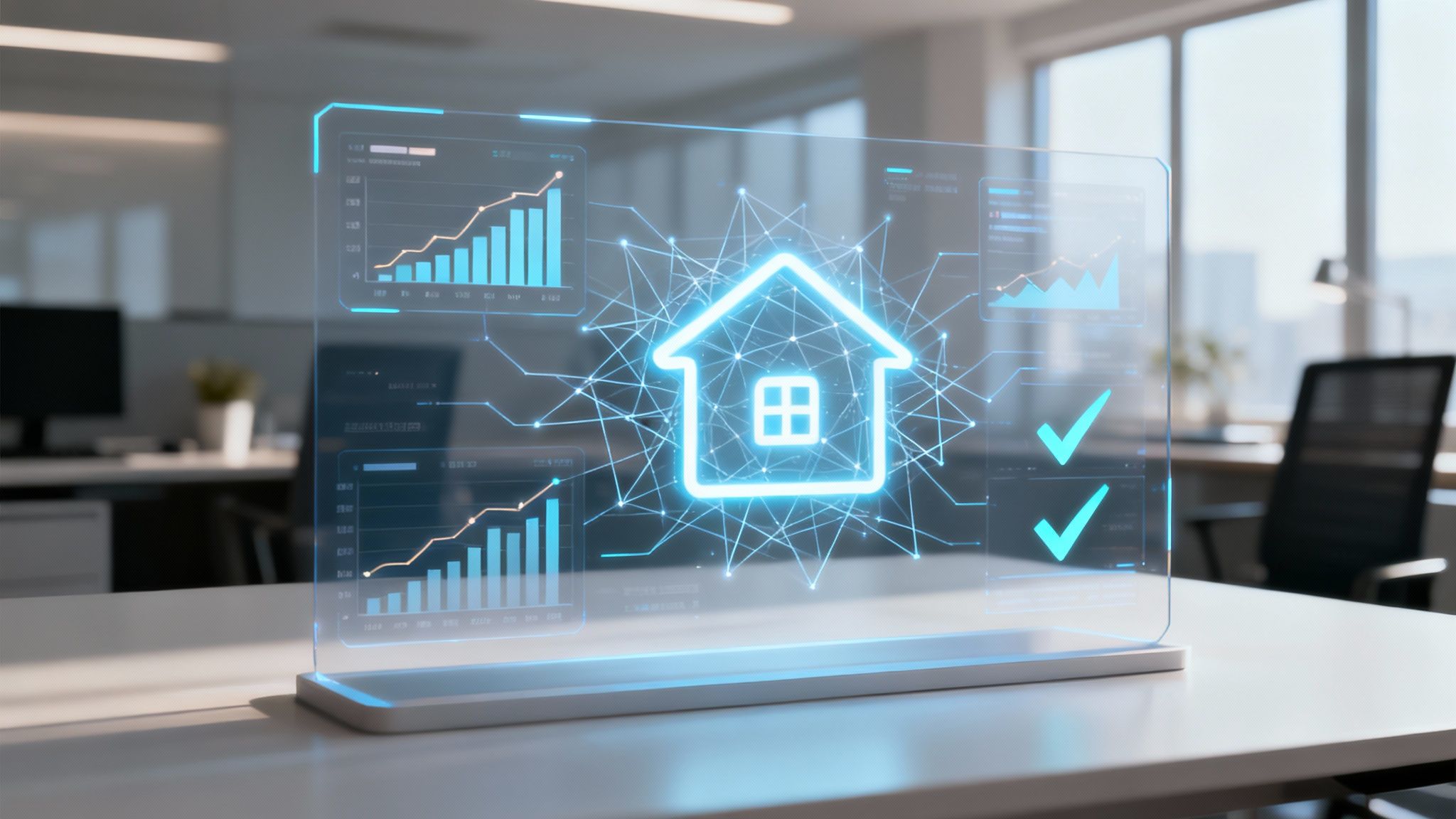 A futuristic interface showing data analytics and digital documents for mortgage underwriting.