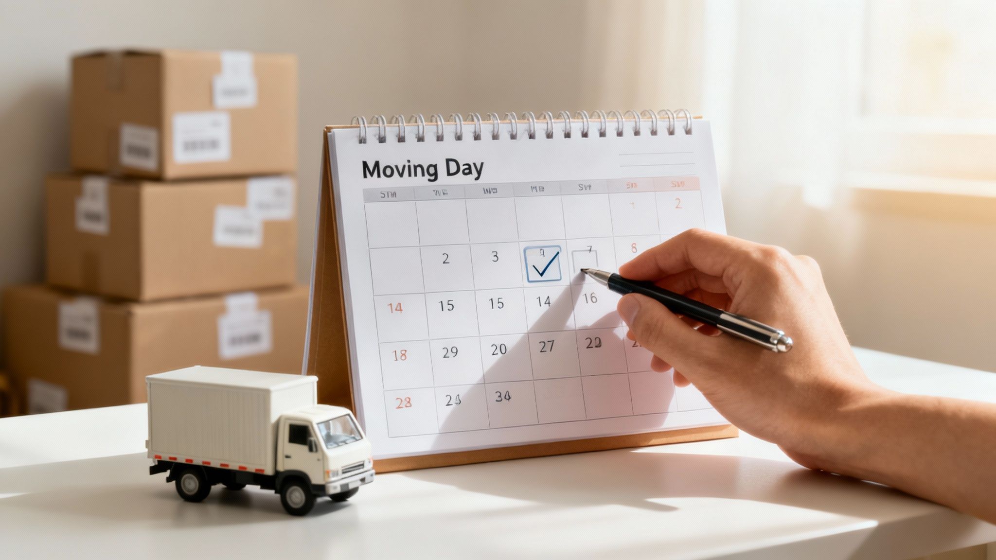 A calendar with dates circled and moving-related icons, symbolizing a well-planned moving timeline.