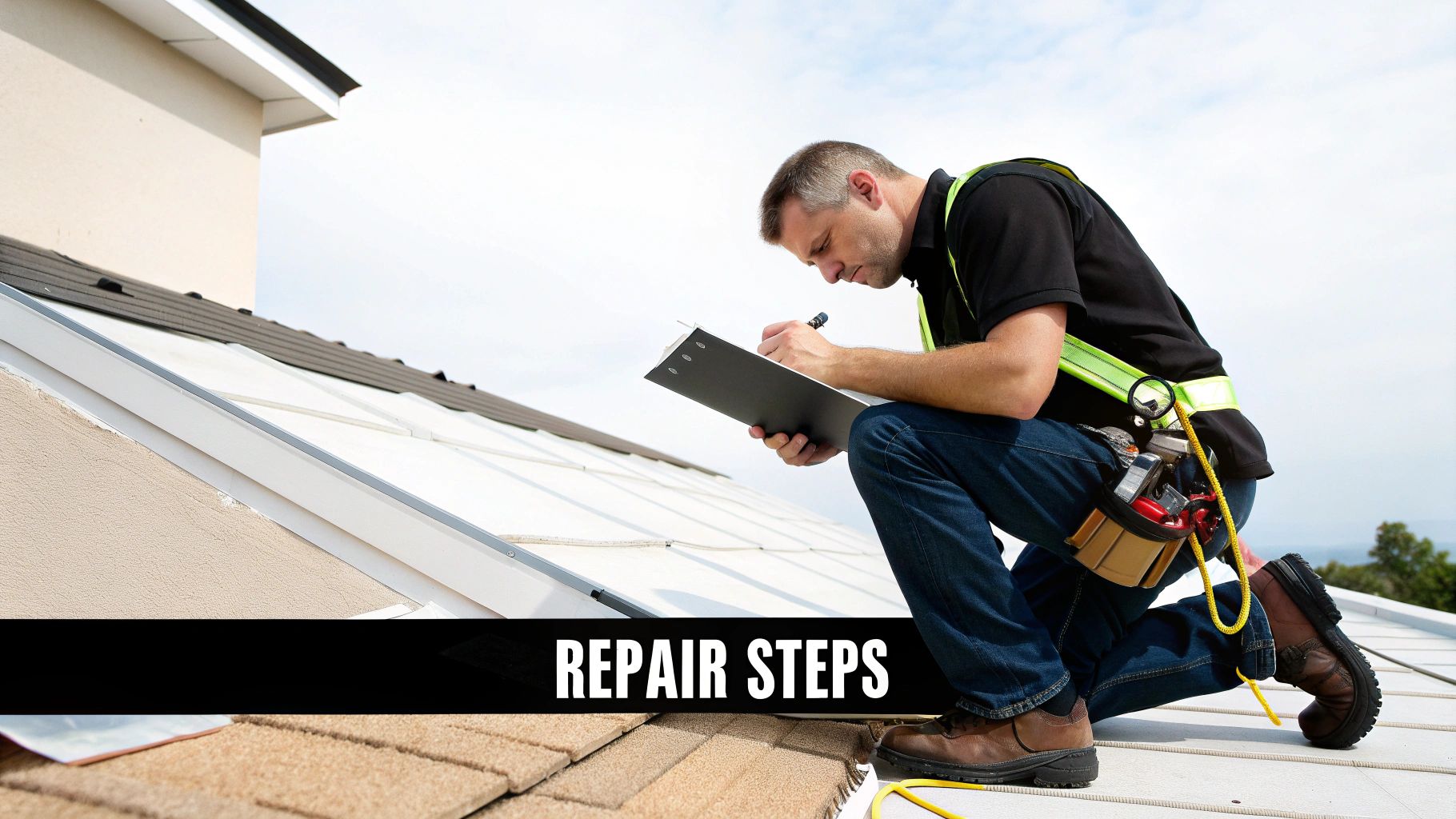 Professional roofing contractor inspecting roof damage and writing repair assessment notes on clipboard