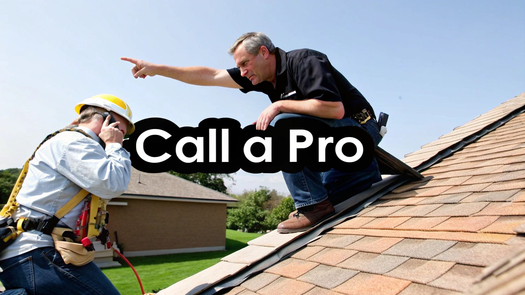 A professional roofer wearing a safety harness and working on a steep roof, illustrating a job best left to experts.