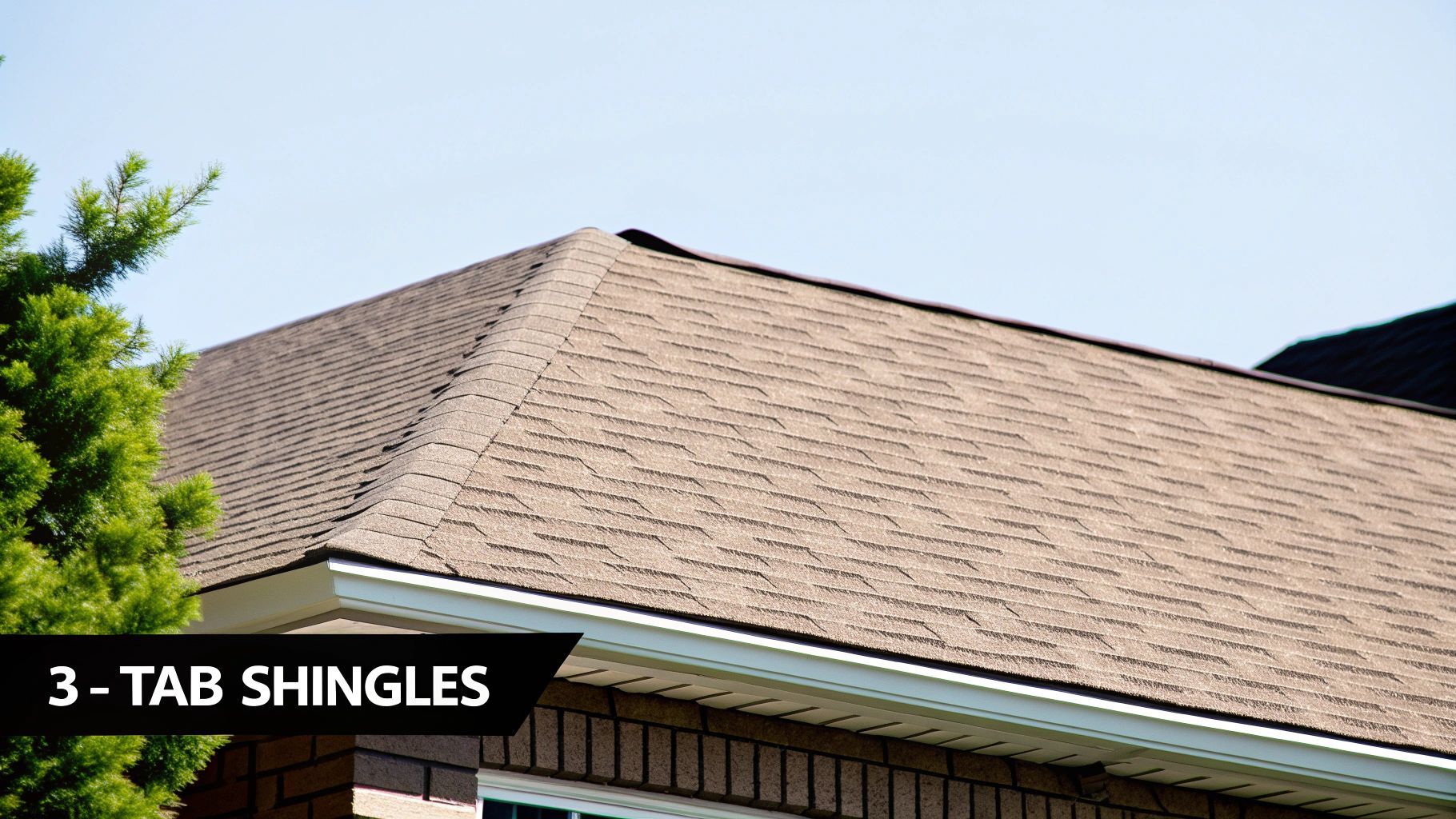 A close-up view of a roof with a classic, flat 3-tab shingles, showing their uniform pattern.