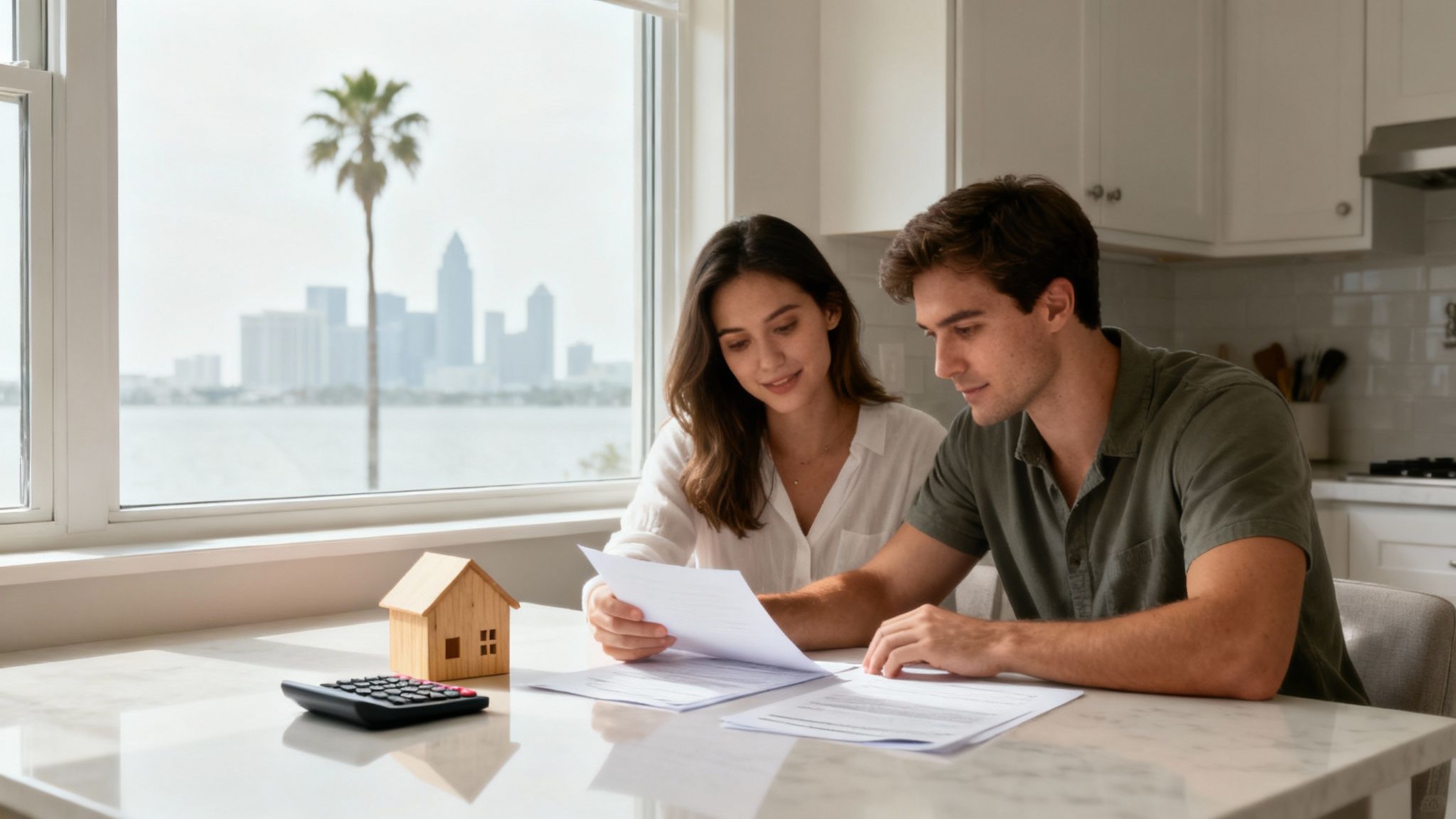 A couple reviewing their financial documents at a desk with a laptop and coffee.
