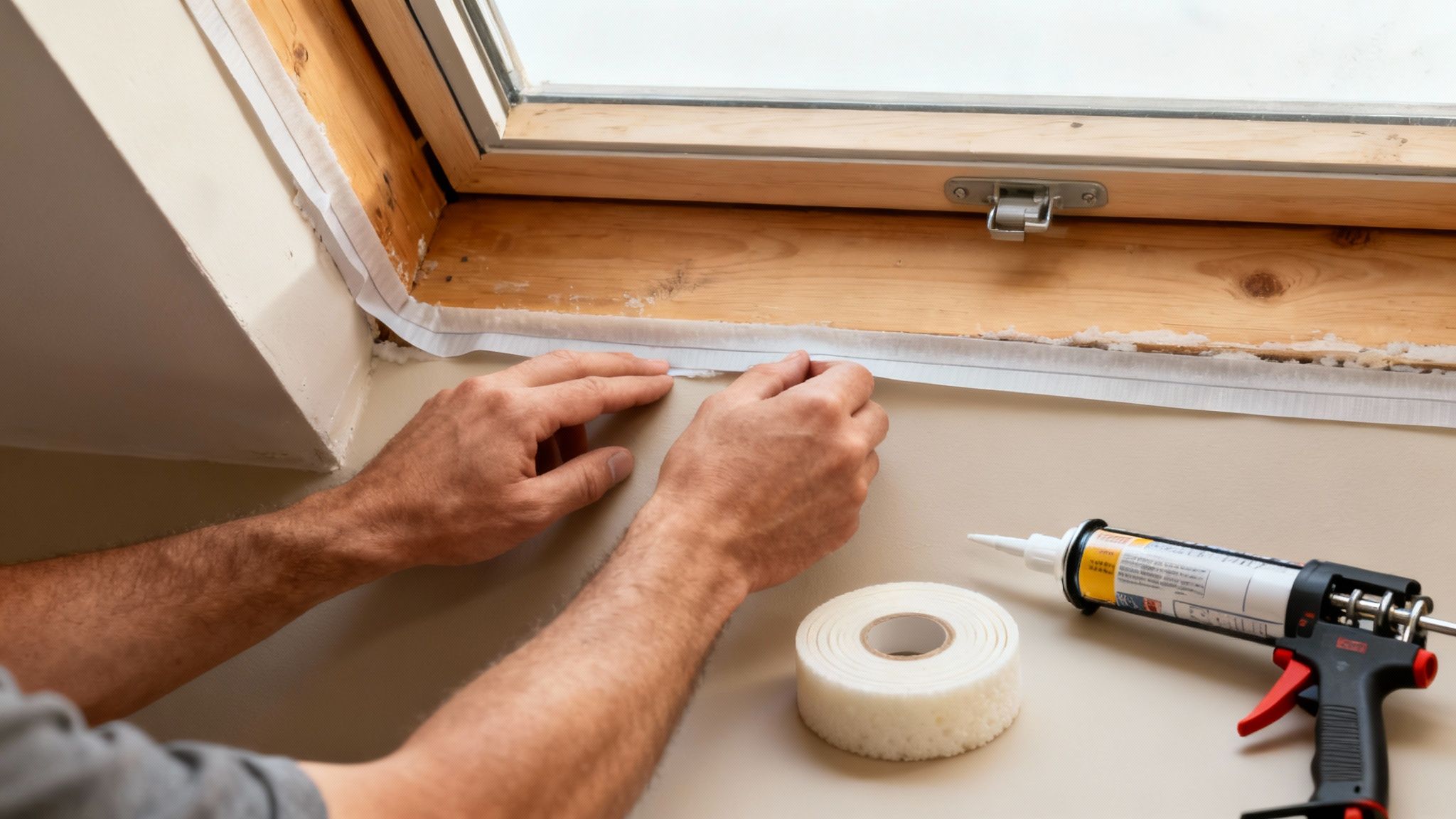 Person applying caulk around an attic fixture to seal air leaks.