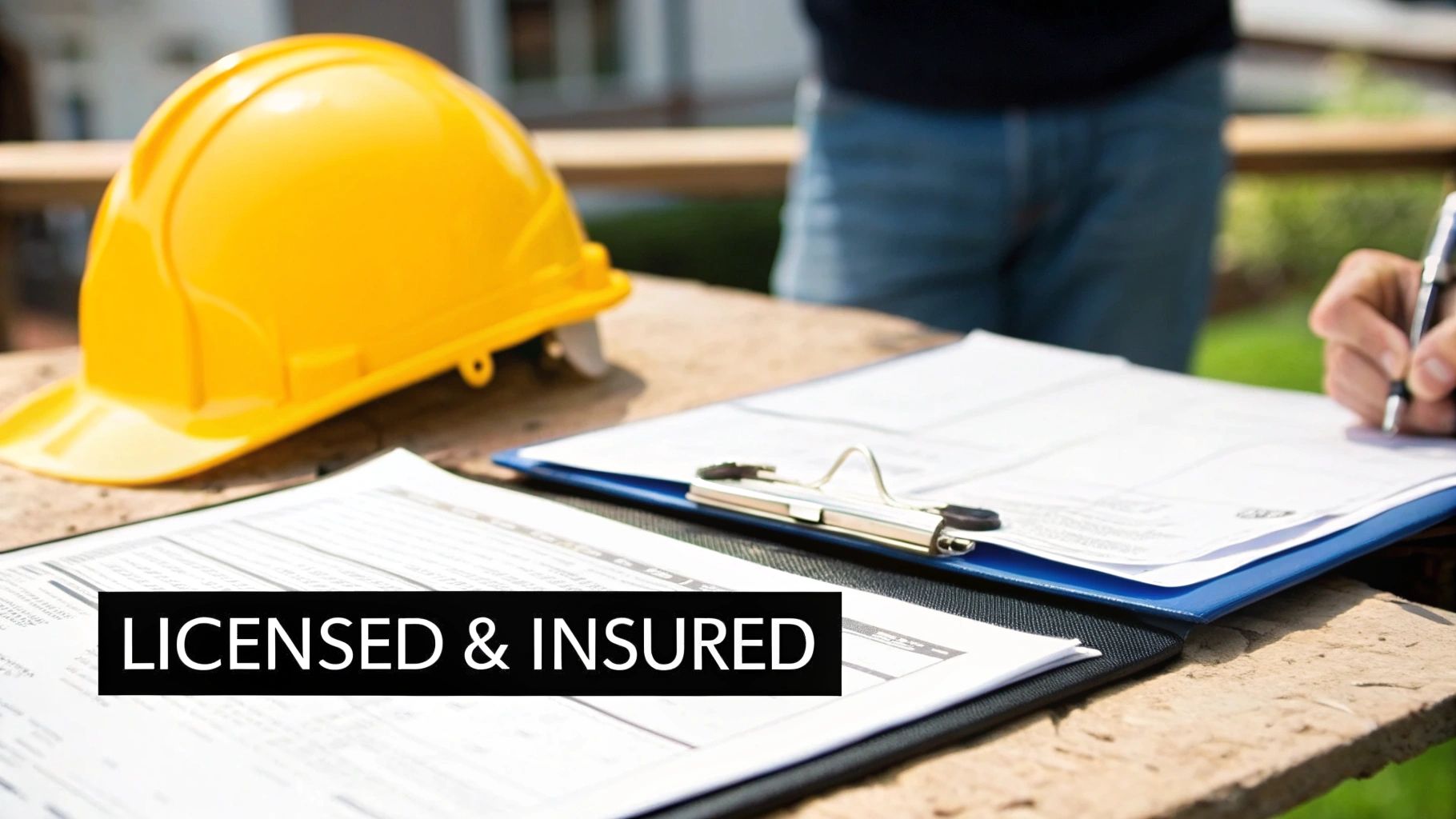 A roofer showing credentials on a tablet to a homeowner in Youngstown, OH.