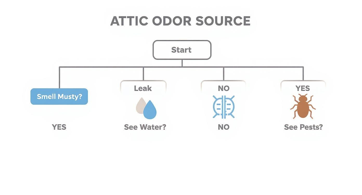 Flowchart diagram showing diagnostic steps to identify sources of odors in attic spaces