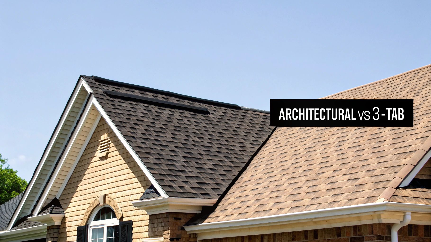 A side-by-side view showing the dimensional texture of architectural shingles on the left and the flat, uniform pattern of 3-tab shingles on the right.