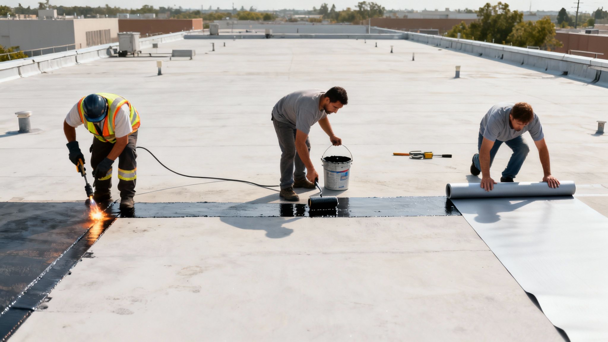 Professional roofers installing a modified bitumen roof on a commercial building.
