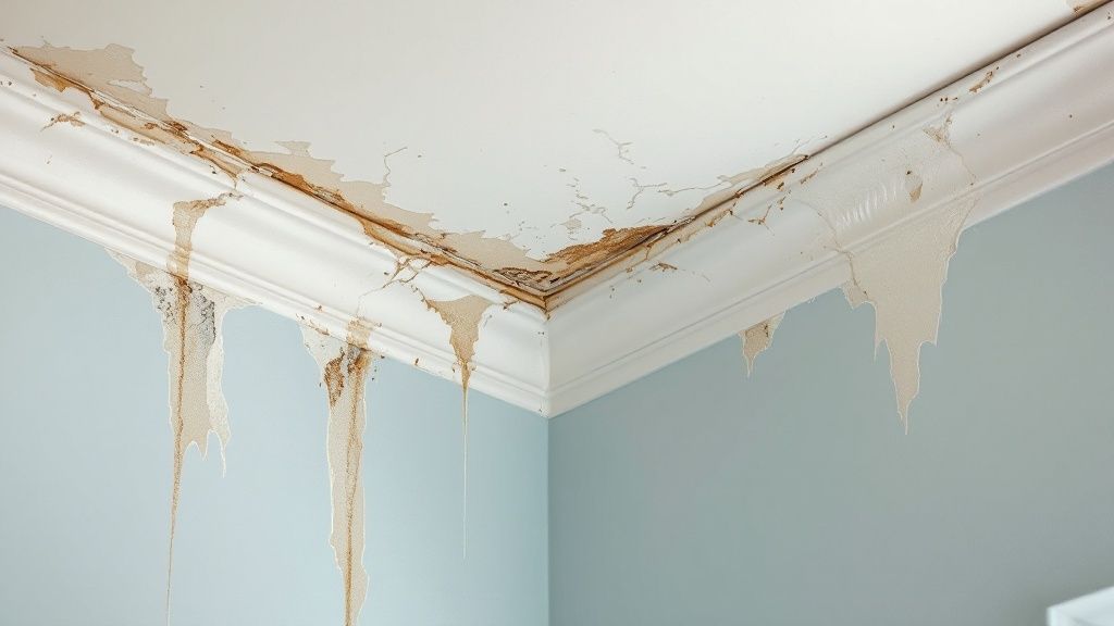 A water-stained ceiling indicating a roof leak needs repair.