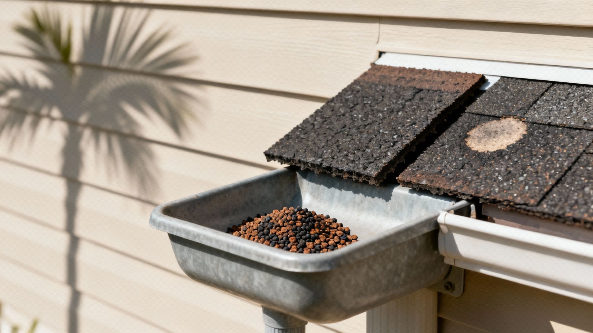 A close-up of asphalt shingles showing the texture of roof granules.