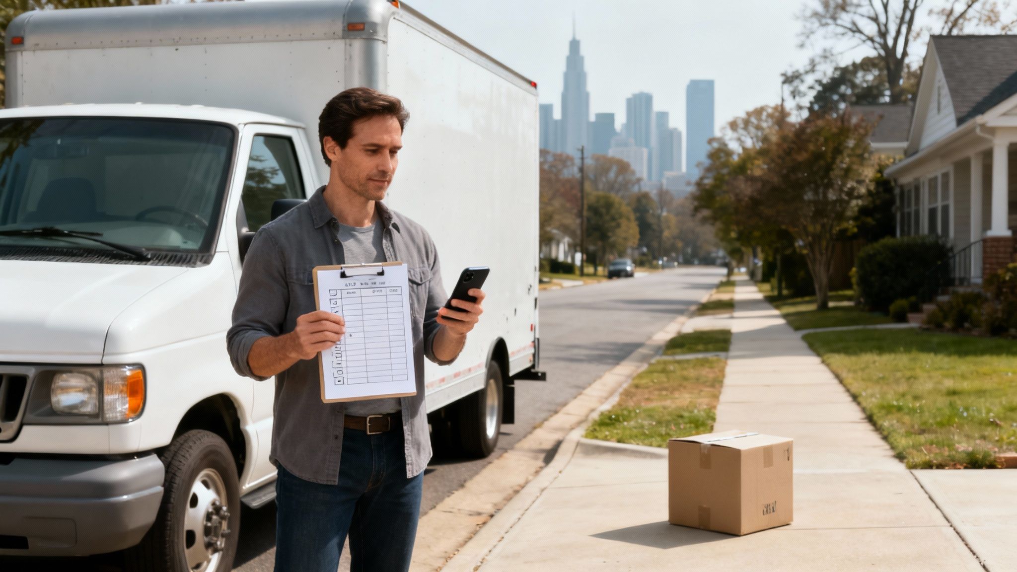 A family happily unpacking moving boxes in their new home with a bright, sunny window in the background.