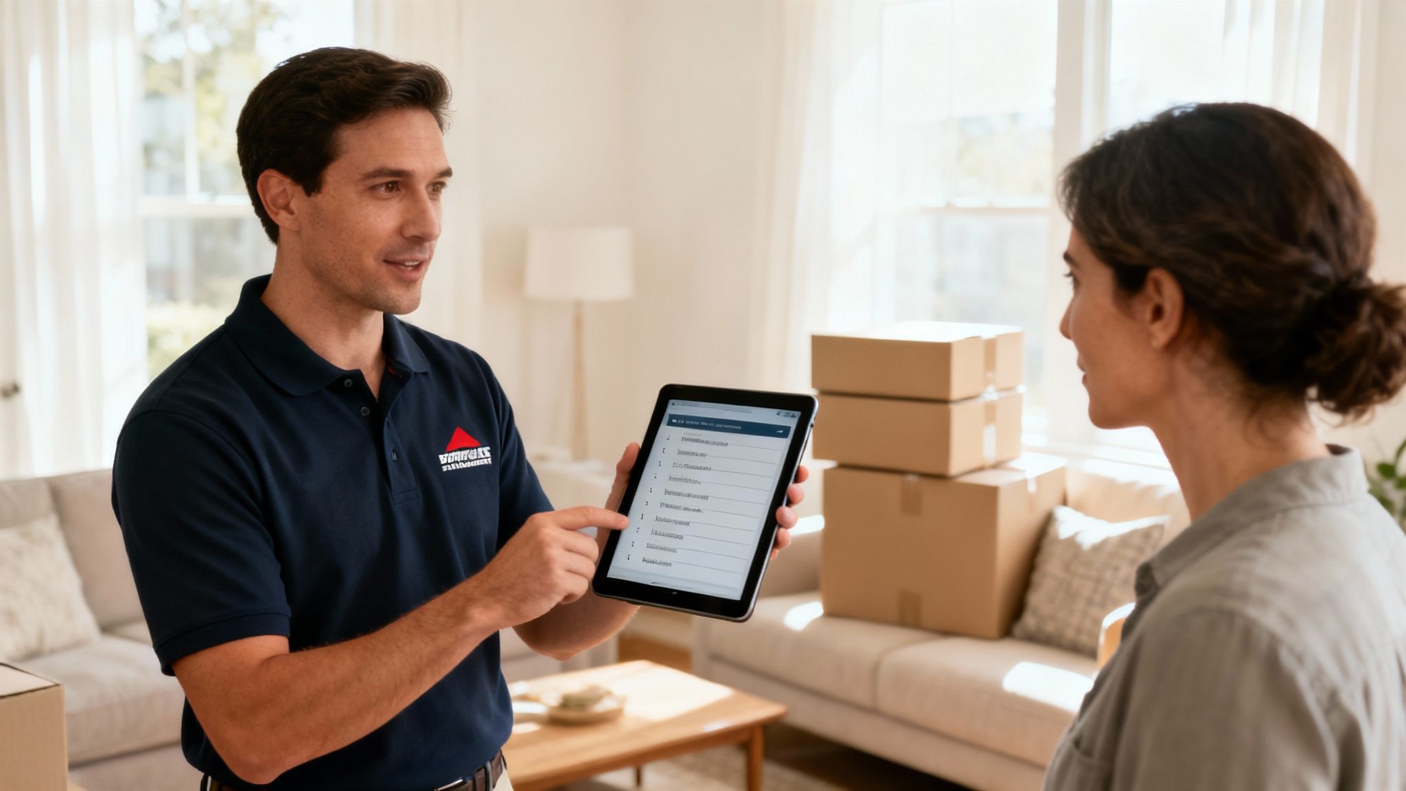 A friendly moving specialist discusses an inventory list with a homeowner in their living room.