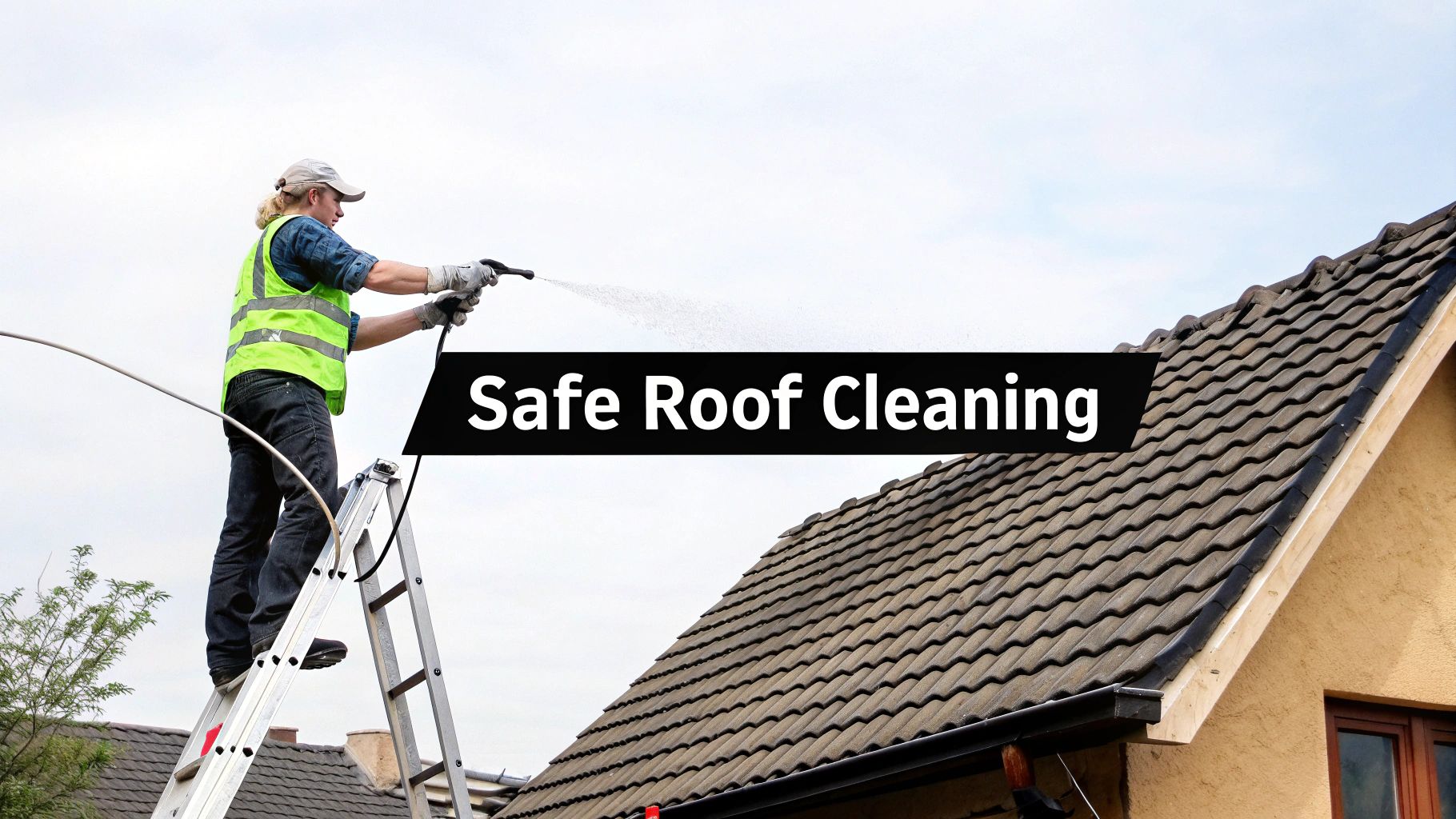 A person carefully spraying a roof with a cleaning solution from a pump sprayer.