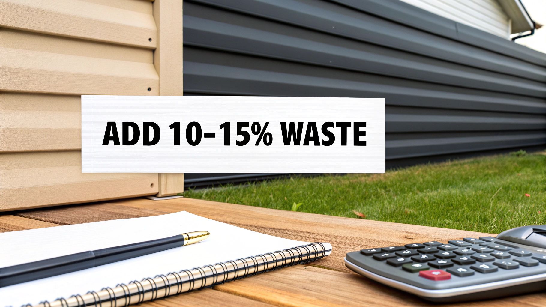 A person using a calculator with siding samples and a notepad nearby.