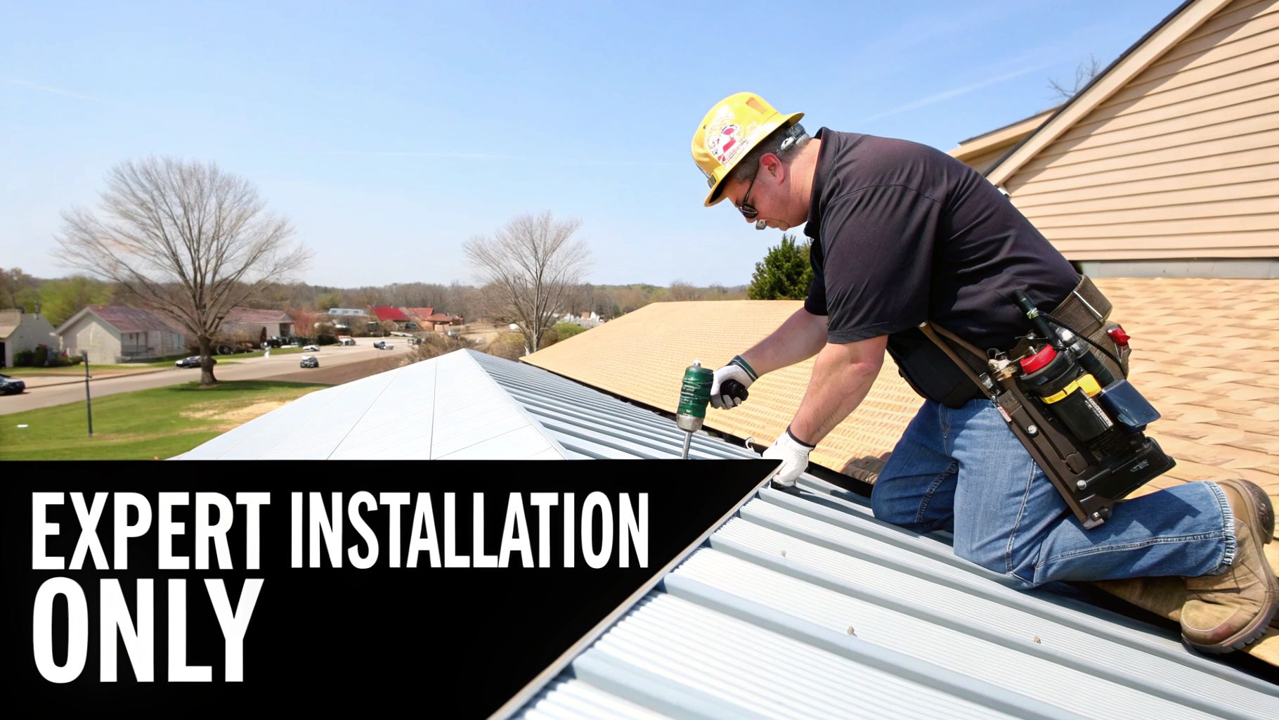 A professional roofer carefully installing a Galvalume metal roof panel on a residential home.