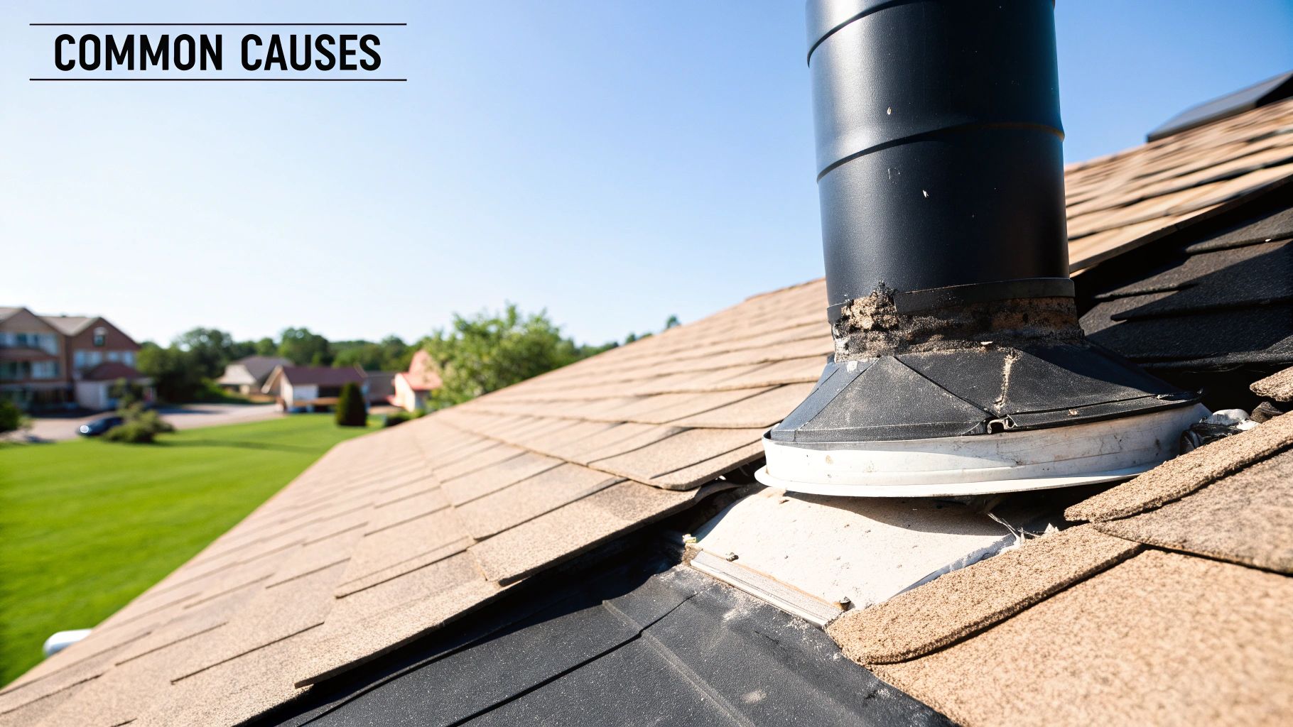 A close-up of a damaged roof with curled shingles and deteriorated flashing, showing common points of failure.