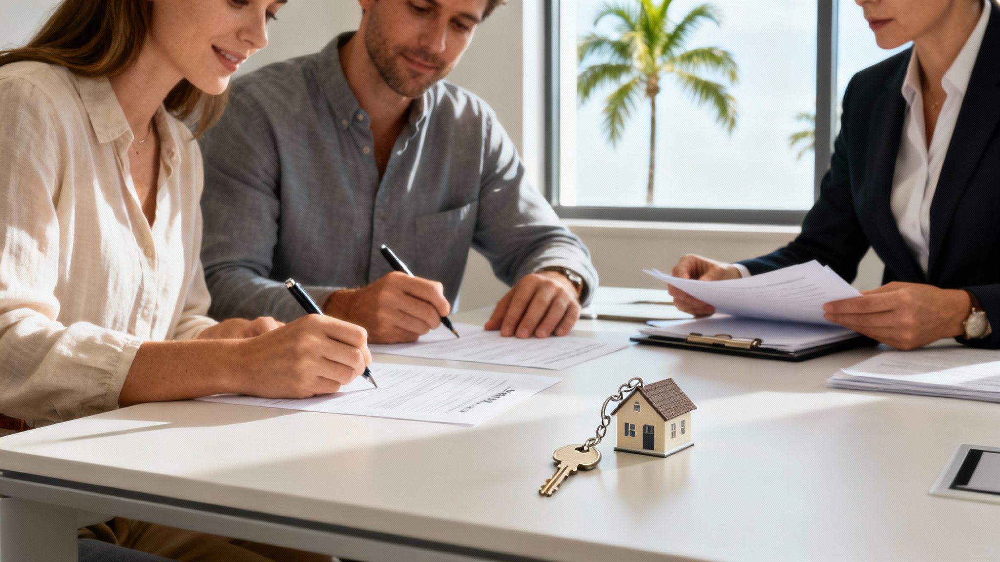 A person signing mortgage documents on a wooden desk with a laptop and house keys nearby.