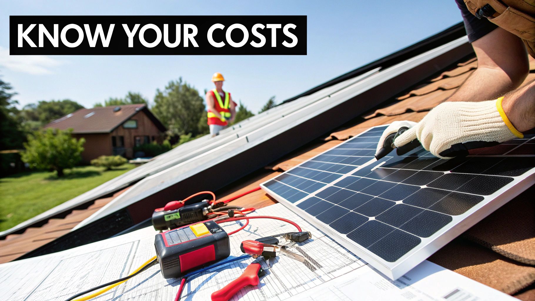 A professional installer in safety gear adjusting a solar panel on a professional installer in safety gear adjusting a solar panel on a residential rooftop.