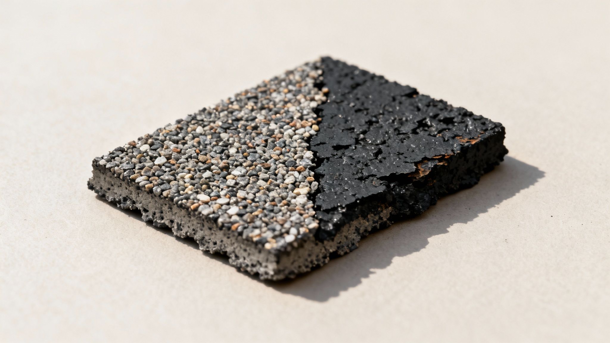 A roofing sample reveals two distinct surfaces: one with colorful granules, the other a bare black asphalt layer.