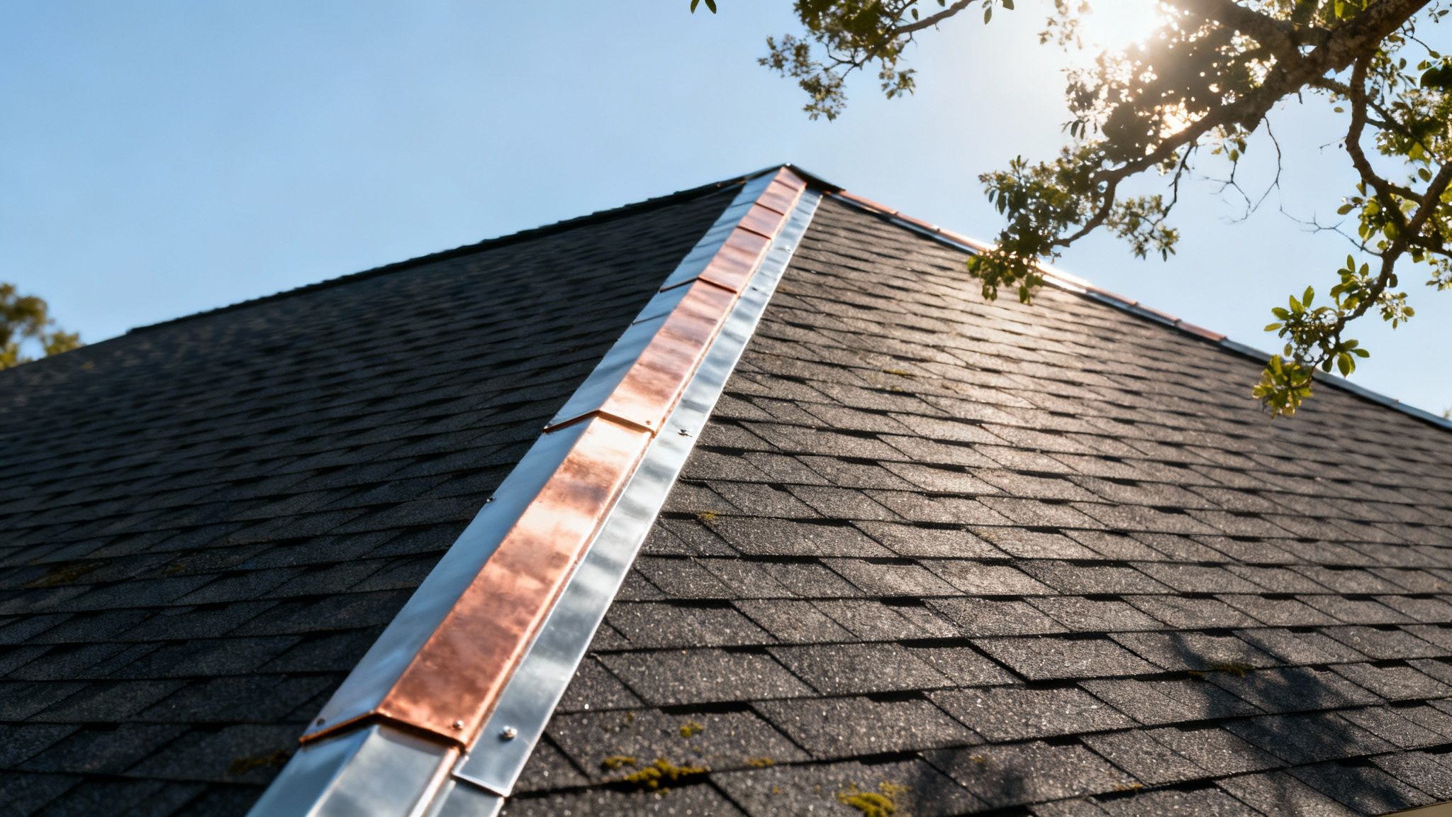 Clean residential roof with preventative zinc strips installed near the peak.