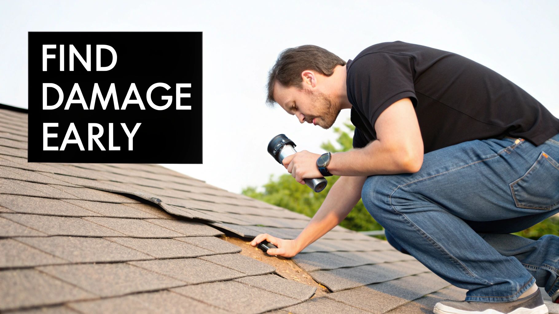 Homeowner inspecting damaged roof shingles early to prevent costly repairs and maintain home safety
