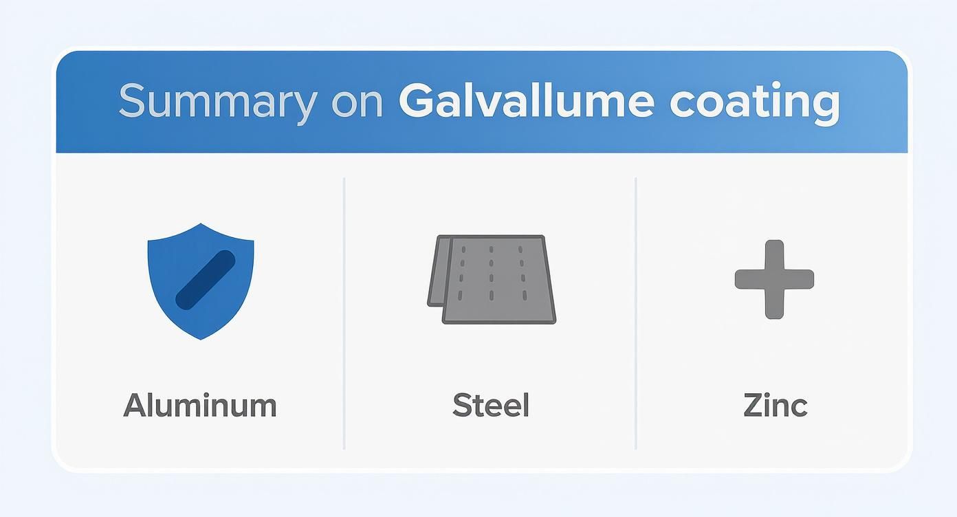 Infographic showing icons for the components of Galvalume coating: an aluminum shield, a steel sheet, and a zinc plus sign.
