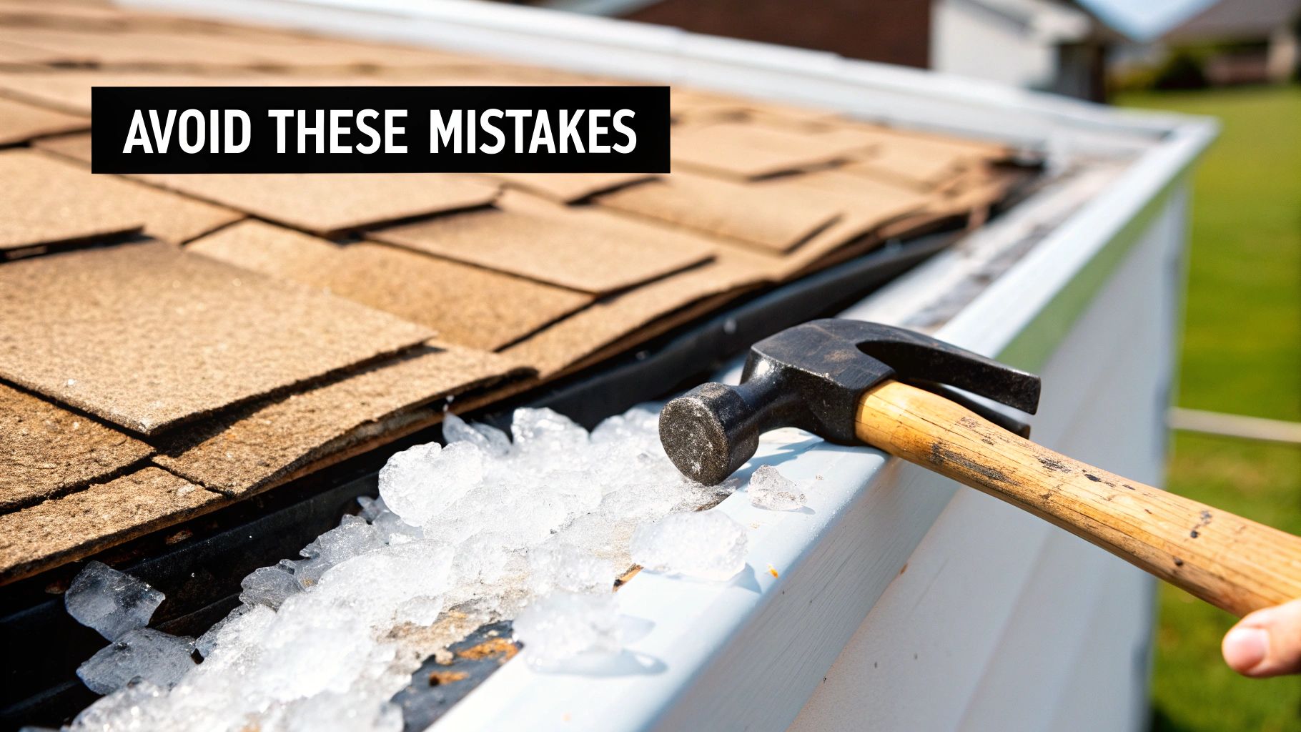 A hammer rests on a roof gutter filled with ice, with shingles and a warning text.