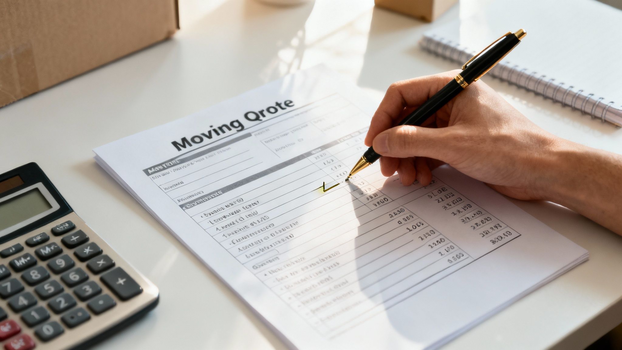 A person carefully reviewing a long-distance moving quote document with a calculator.