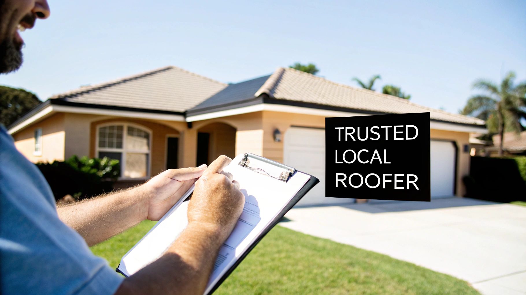 Professional roofer inspecting residential home with clipboard, trusted local roofing contractor service
