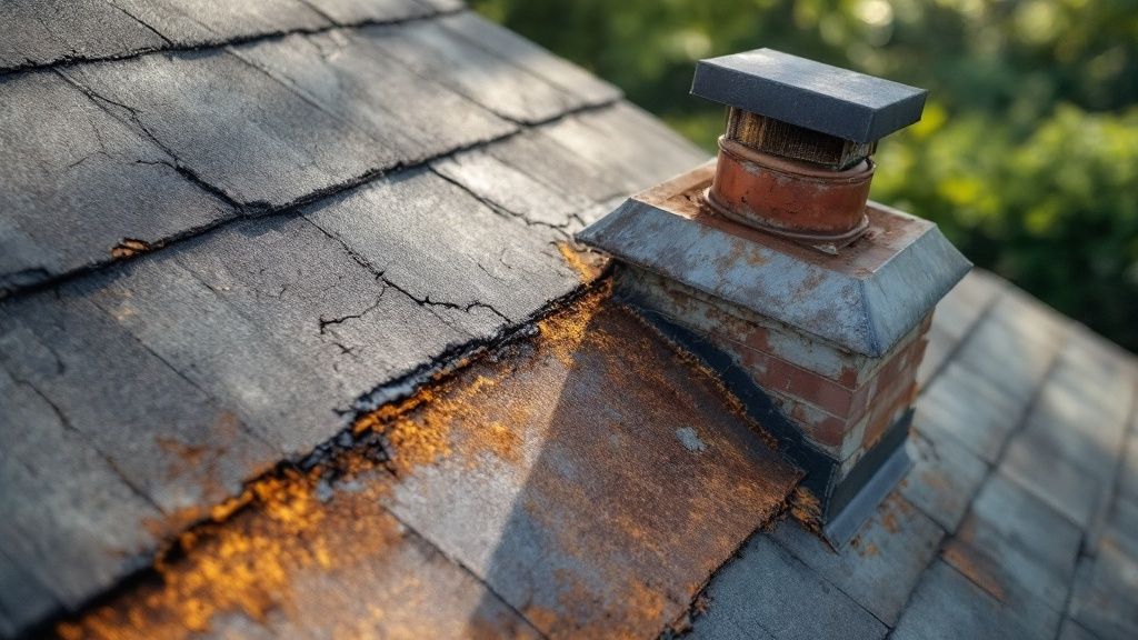 A roofer inspects a roof for leaks around a vent pipe.