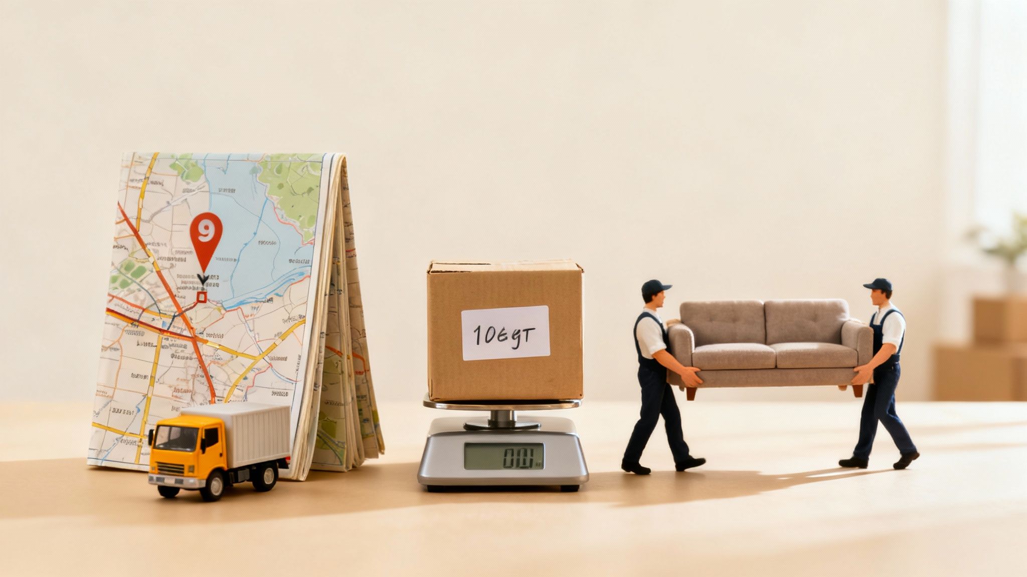 Three movers carrying a large couch down a hallway
