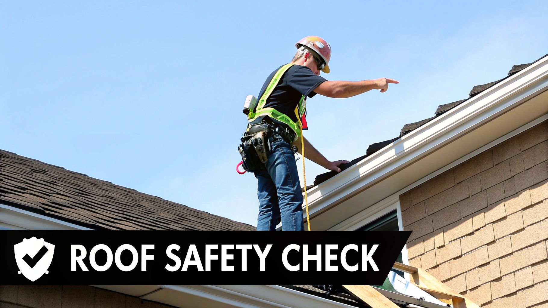 Professional roofer in safety gear conducting thorough roof inspection on residential home